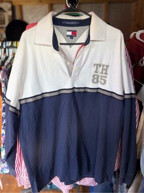 Vtg Tommy Hilfiger Navy & White TH85 Rugby Polo XL